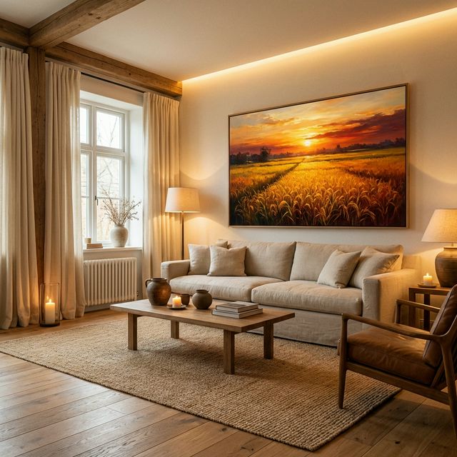 Phòng khách ấm cúng với tranh phong cảnh cánh đồng lúa hoàng hôn tông ấm treo phía trên sofa