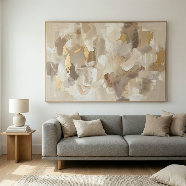 Tranh trừu tượng tông trung tính ấm với vệt cọ be, vàng gold treo phía trên sofa xám