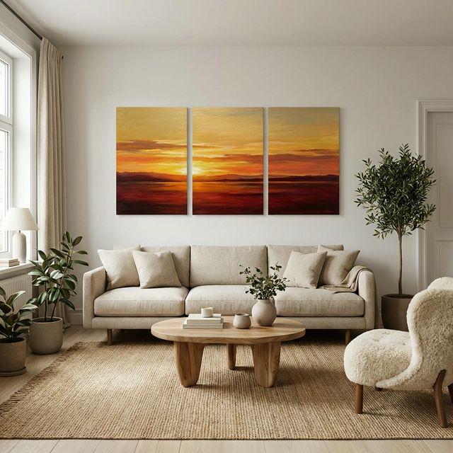 Bộ ba tranh ghép phong cảnh hoàng hôn liên tục treo phía trên sofa phòng khách