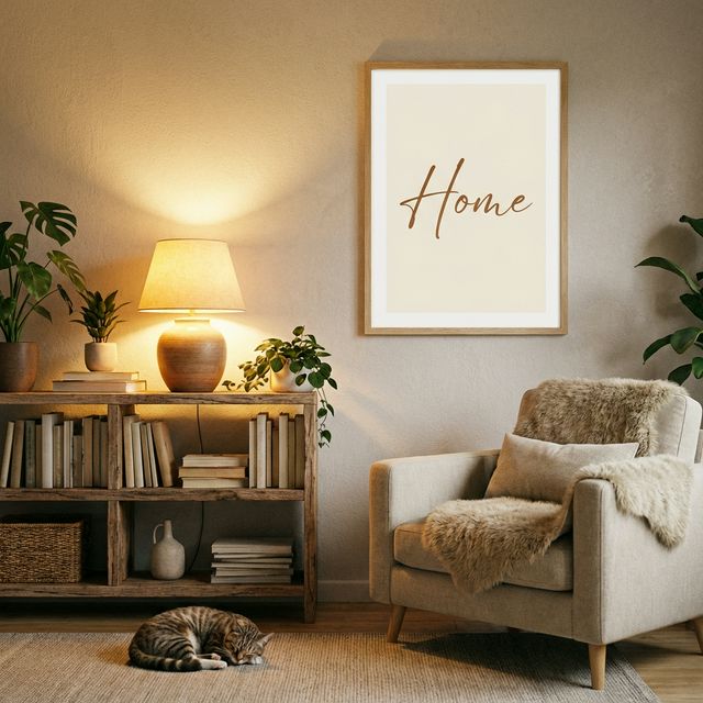 Tranh typography chữ Home viết tay tông nâu ấm trong không gian phòng khách ấm cúng