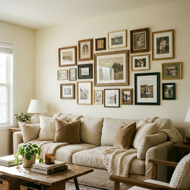Gallery wall phòng khách với nhiều khung tranh và ảnh gia đình tông ấm trên sofa be