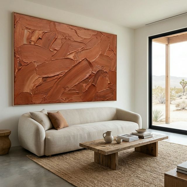 Tranh canvas oversized tông terracotta đơn sắc làm điểm nhấn chính trong phòng khách hiện đại